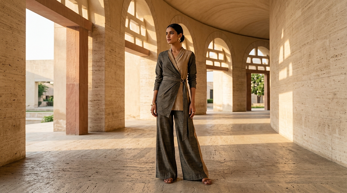 Indian female model in AABHA CLOTHING contemporary tailored khadi-silk co-ord outfit
