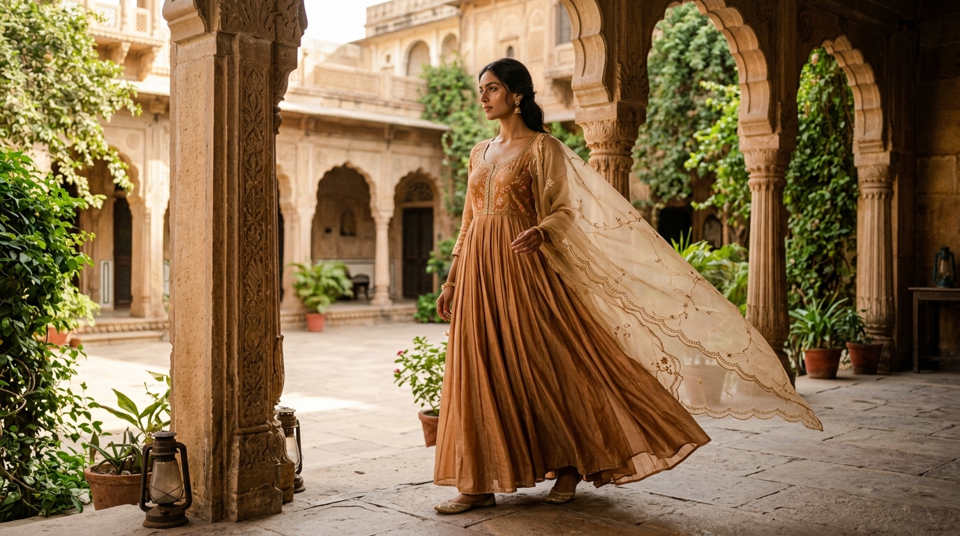 Indian female model in AABHA CLOTHING flowing earthen ochre and champagne Chanderi ethnic silhouette